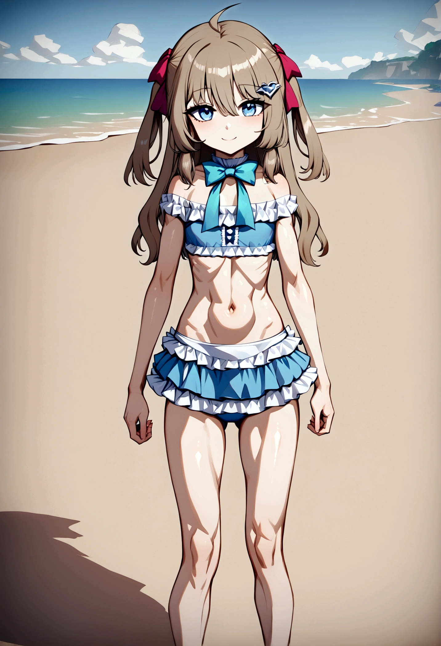 (masterpiece), (ultra-detailed), best quality, 8k,neuro-sama,flat chest,fullbody,frilly bikini skirt, blue bikini,frilly bikini top,standing straight,toned stomach,beach,smiling,1girl