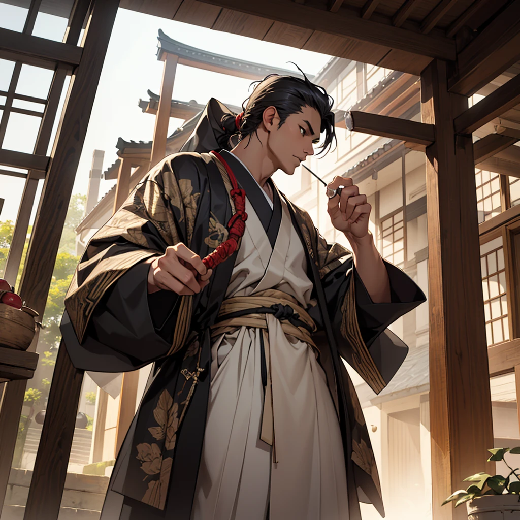 Por favor, create a detailed image of a Japanese samurai man. He is handsome and exhibits unique features: orelhas de raposa branca e uma cauda de raposa branca. your hair is short, branco e no estilo emo, contrastando com sua pele clara e olhos azuis penetrantes. He is dressed in a black ninja outfit, ajustada ao seu corpo, Standing out on the scene. The image must be set in a traditional Japanese castle, with authentic architecture and typical elements such as curved roofs, portas de papel shoji e jardins de pedra. The atmosphere must convey the serenity and grandeur of the place, with attention to details that highlight Japanese culture. The samurai man must be positioned in a way that highlights his figure and characteristics, perhaps in a posture of guard or contemplation, integrando-se harmoniosamente ao ambiente ao seu redor.