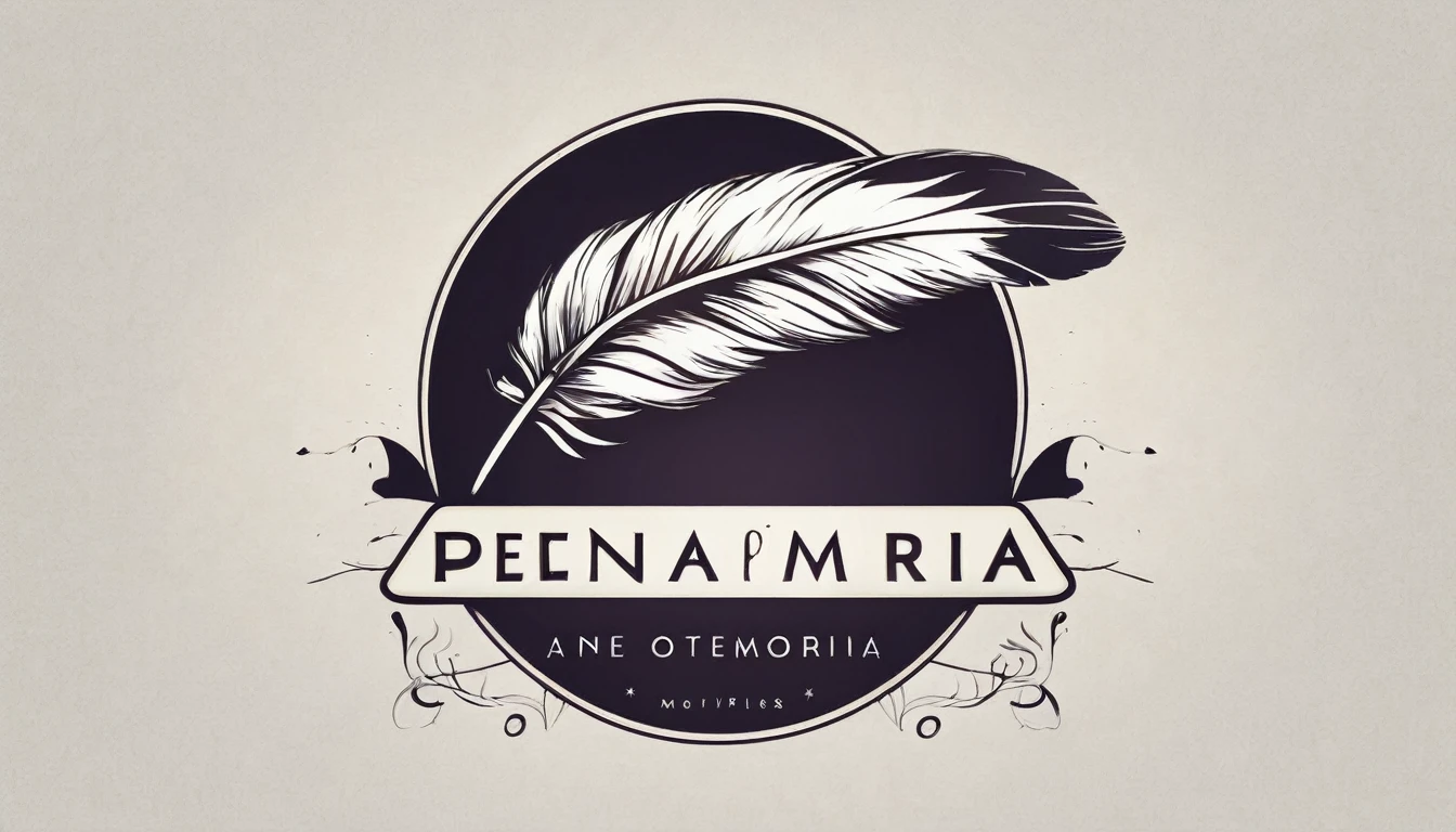 Create a modern, minimalistic logo design for a brand about music and dreams called " Penamemoria" . The logo must be in minimalistic style and convey a sense of storytelling, music and dreams. The logo of a special, unique, memorable, captivating feather. Half of the feather is the face of a boy guitarrist, and the other half is a feather of memories