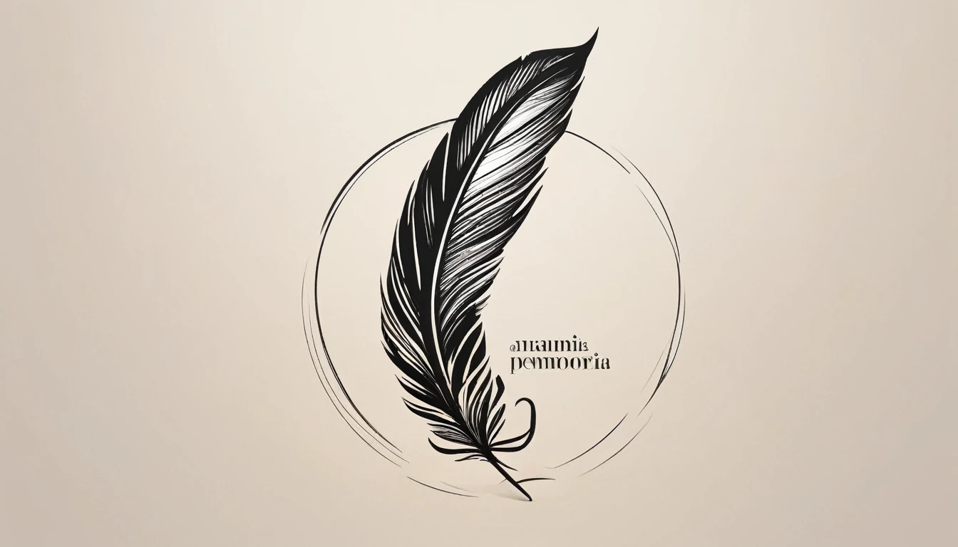 Create a modern, minimalistic logo design for a brand about music and dreams called " Penamemoria" . The logo must be in minimalistic style and convey a sense of storytelling, music and dreams. The logo of a special, unique, memorable, captivating feather. Half of the feather is the face of a boy guitarrist, and the other half is a feather of memories