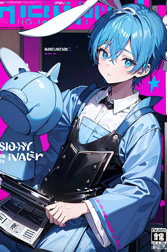 ((1boy)), hair ornament, blue hair, rabbit ears, playboy bunny, (Boy Messy Japanese Round Haircut for Thick Hair), bangs, leotard, blue eyes, detached collar, pink background, simple background, (solo)), (magazine:1.3), (cover-style:1.3), fashionable, (masterpiece, best quality, high quality, highres, ultra-detailed)