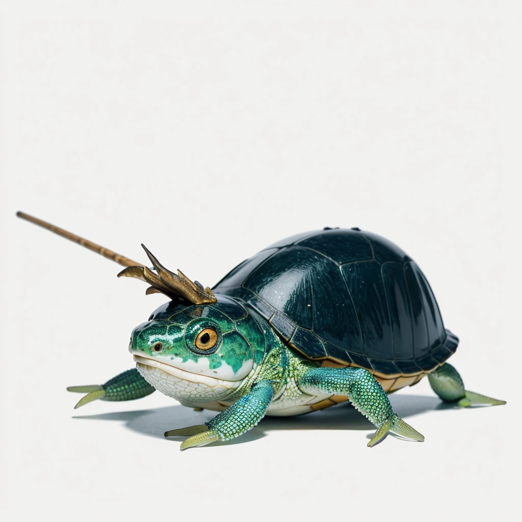 Broom head fish mixed with lizard head, (has horns), Small Animaly, has blue stripes on his skin, white eyes, turtle mixed with spider, Grassroots, no background