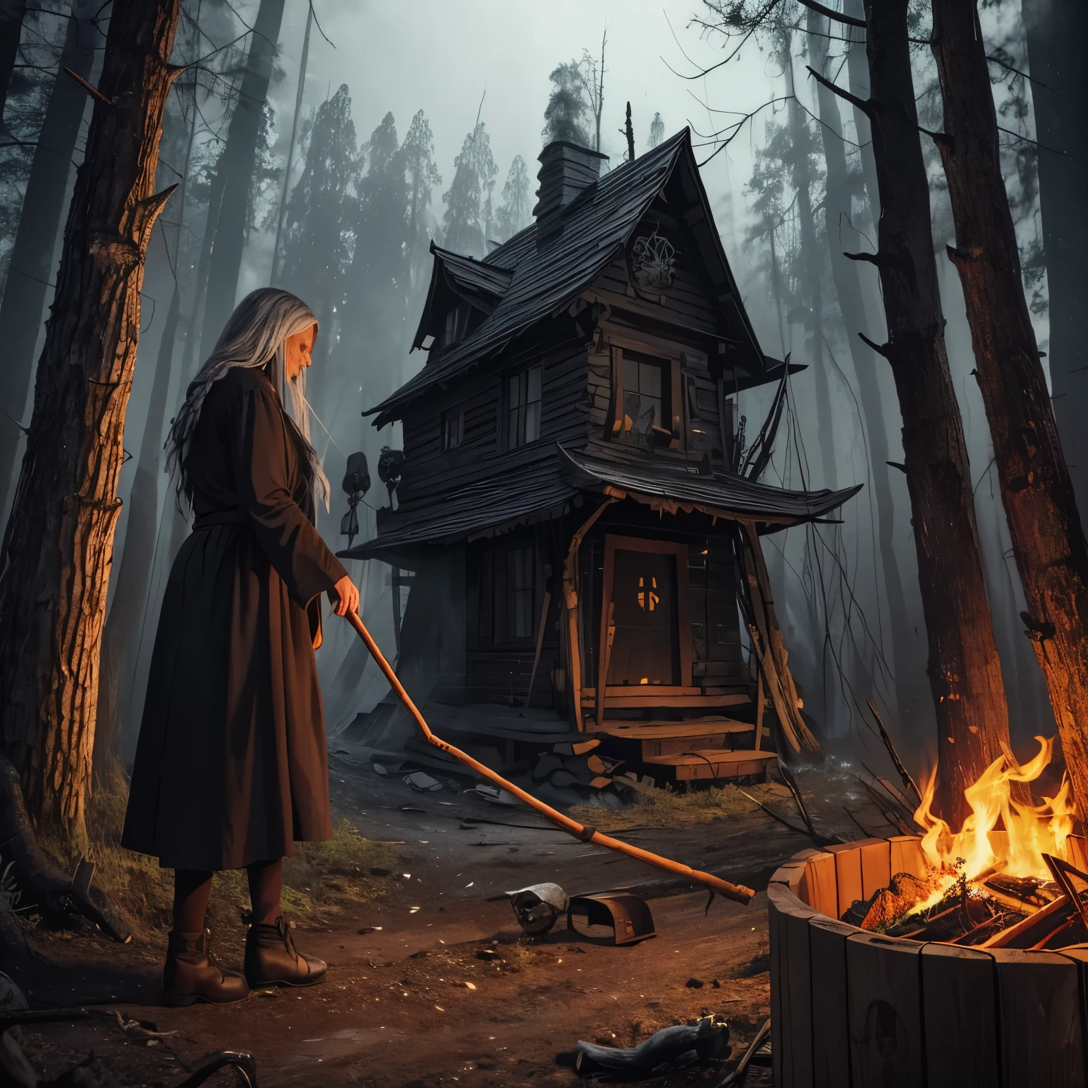 Baba Yaga, a black old woman with a stick-stick and terrible crooked teeth, a woman from Slavic mythology living in a gloomy forest, black trees, darkness, fire, an old wooden house, night, danger, fog, skulls, bones, an old fence, a black raven, a necklace of bones, a cauldron of soup, magic, myth