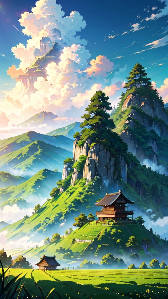 masterpiece, Highest quality, {Highest quality}, {{masterpiece}}, {High resolution}, Anime Style, Rice field and mountain scenery, summer, sun and cumulonimbus clouds,real、Green mountains and old Japanese house,Clear blue sky