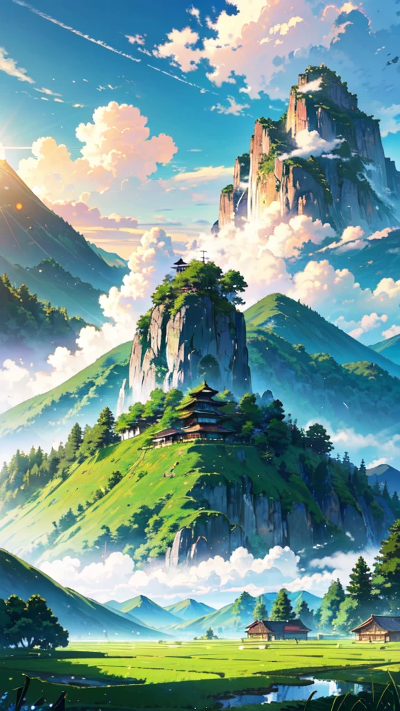 masterpiece, Highest quality, {Highest quality}, {{masterpiece}}, {High resolution}, Anime Style, Rice field and mountain scenery, summer, sun and cumulonimbus clouds,real、Green mountains and old Japanese house,Clear blue sky