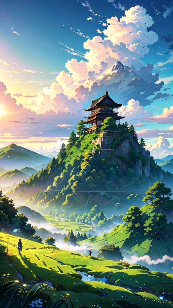 masterpiece, Highest quality, {Highest quality}, {{masterpiece}}, {High resolution}, Anime Style, Rice field and mountain scenery, summer, sun and cumulonimbus clouds,real、Green mountains and old Japanese house，Clear blue sky