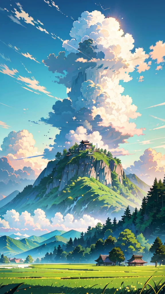 masterpiece, Highest quality, {Highest quality}, {{masterpiece}}, {High resolution}, Anime Style, Rice field and mountain scenery, summer, sun and cumulonimbus clouds,real、Green mountains and old Japanese house,Clear blue sky