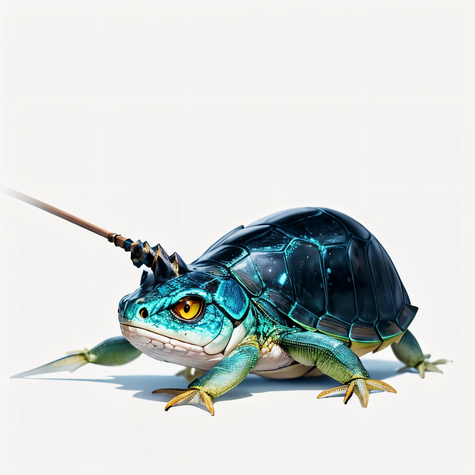 Broom head fish mixed with lizard head, (has horns), Small Animaly, has blue stripes on his skin, white eyes, turtle mixed with spider, Grassroots, no background