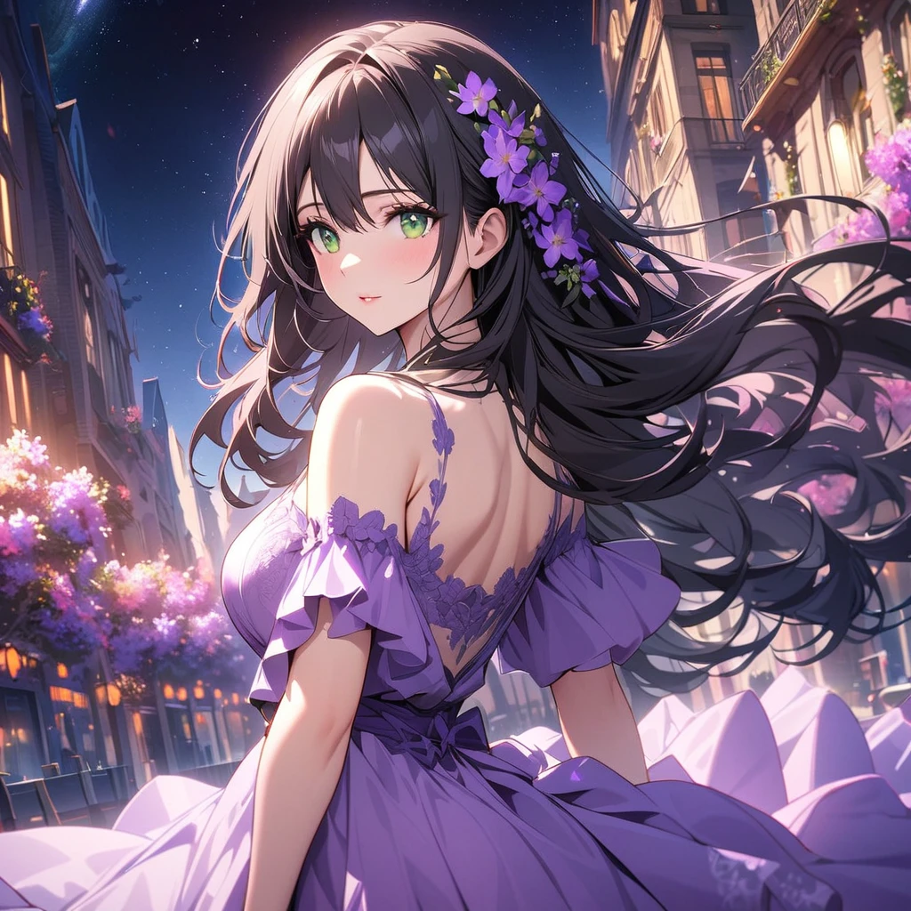 girl, beautifull, pretty, long hair, mature woman, beautiful purple dress, black hair, green eyes, super detail, flower on hair, gorgeous, beautiful universe backround, angel