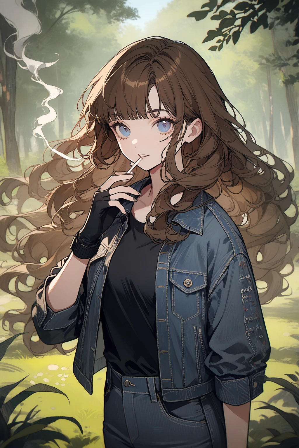 1 girl, CuteStyle, upper body, blue eyes, brown hair, long hair with bangs, flowing hair, standing in the forest, day, light, grass, trees, wind, wearing gray jeans and a black T-shirt, wearing a black denim jacket unbuttoned, black fingerless gloves, holding a cigarette, smoking, cigarette smoke, looking at the viewer, an evil look, an evil grin, detailed, beautiful, gentle tones