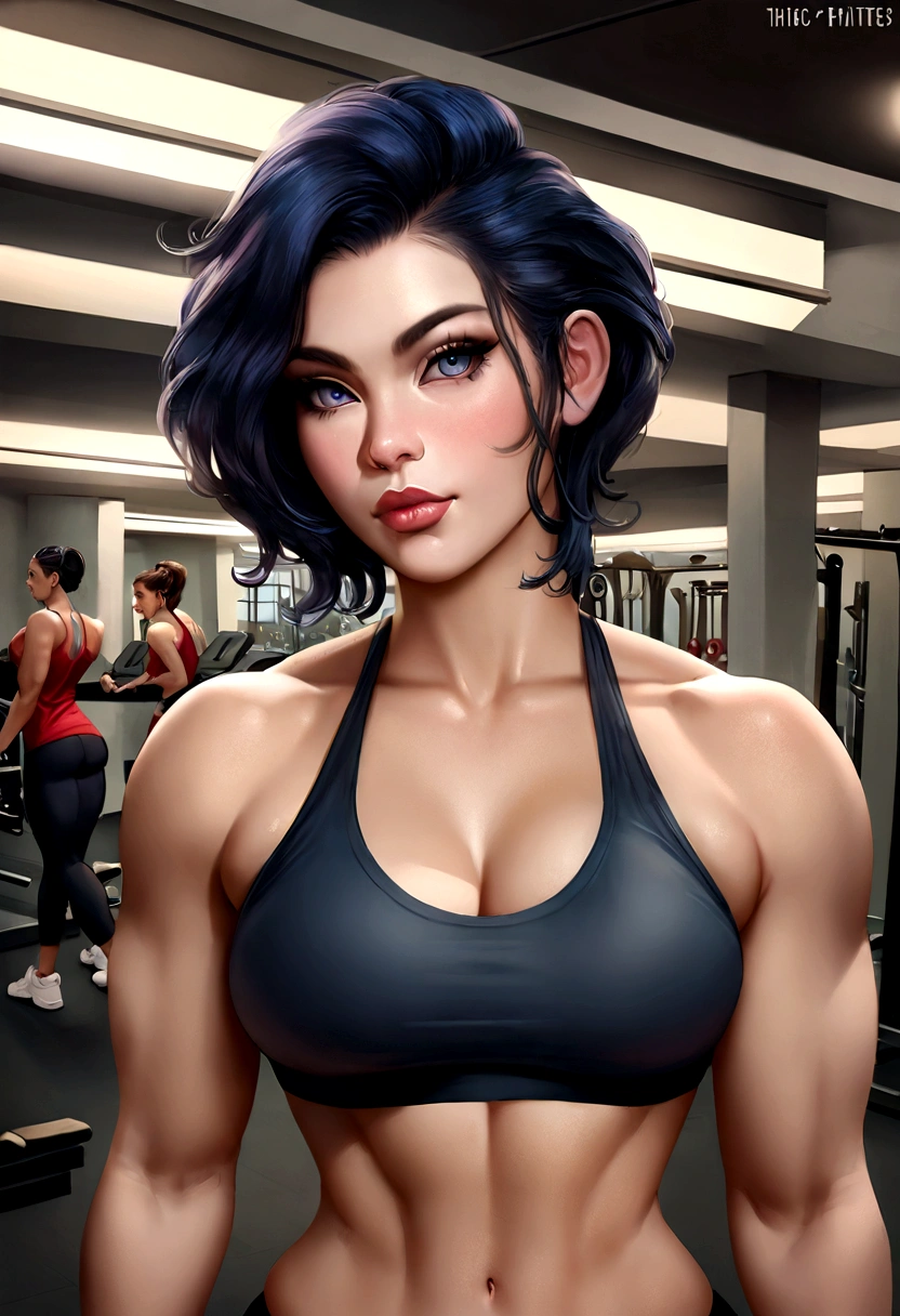 fille cheveux noires, cheveux noires, magnifique, ombres parfaites, visage parfait, detailed face, realistic, working out in the gym, thicc