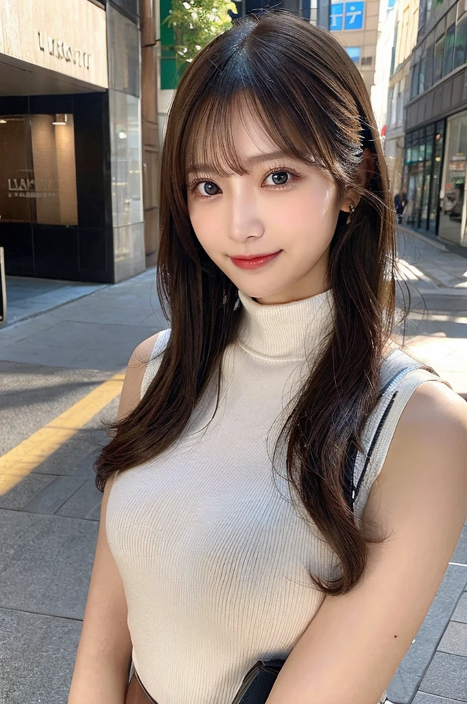 ((paisura))、Big Tits、crossbody, strap between breasts、double eyelid、big 、Highest quality, shape, Very detailed, Fine details, High resolution, 8k, Perfect dynamic composition, Beautiful details, ,Natural color lip, A shy smile,Beautiful 20 year old woman、The only person, Correct posture、Cute type、Looking into the camera、Turtleneck Sleeveless、Paisura、Shoulder bag、