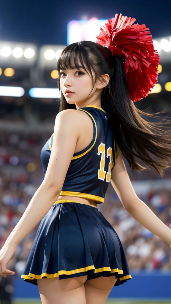 "((Highest quality)), ((masterpiece)), (detailed), Perfect Face, masterpiece, Best Quality, Illustration, Ultra-detailed, finely detail, high resolution, 8K Wallpaper, Perfect dynamic composition, Beautiful detailed eyes. A young woman with semi-long black hair is wearing a cheerleader costume. She is walking along the sideline in a stadium with a large crowd and bright lights, her pom-poms swinging by her sides. The camera angle is from behind, using a long focal length to emphasize her movement and the dynamic composition."