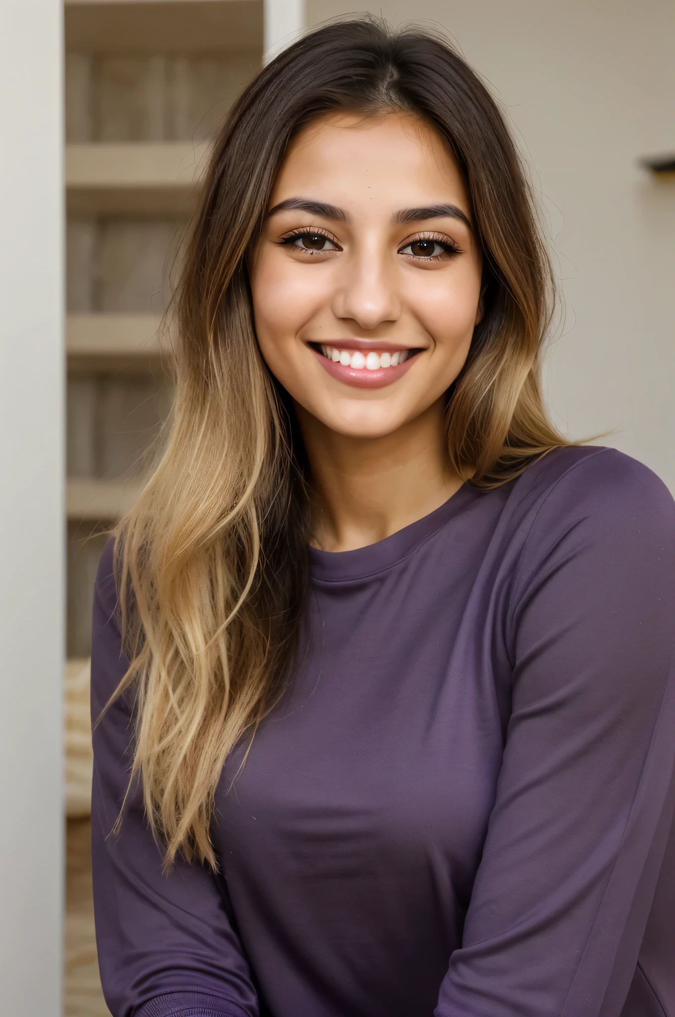 24YO,one attractive Jordanian women, purple shirt, cute smile, white teethes, skinny face, light brown eyes, small nose, black/blonde long hair