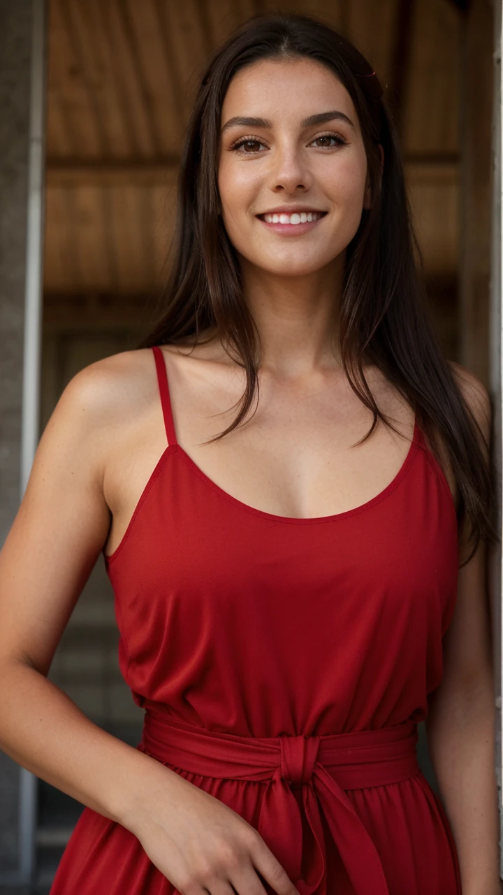 Garde le visage de la fille en robe rouge et met muo une tenie de sport . Le decor est en montagne en train de raire un footing. Elle regarde le public .# realiste 
