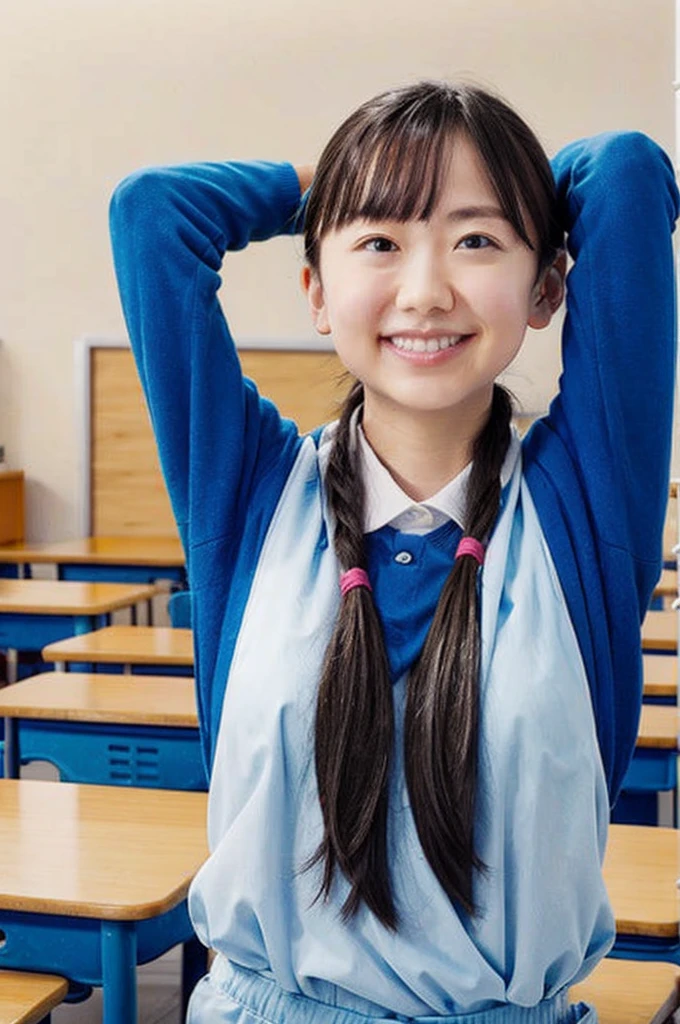 During class, primary school, upper body, (arms behind head:1.1)