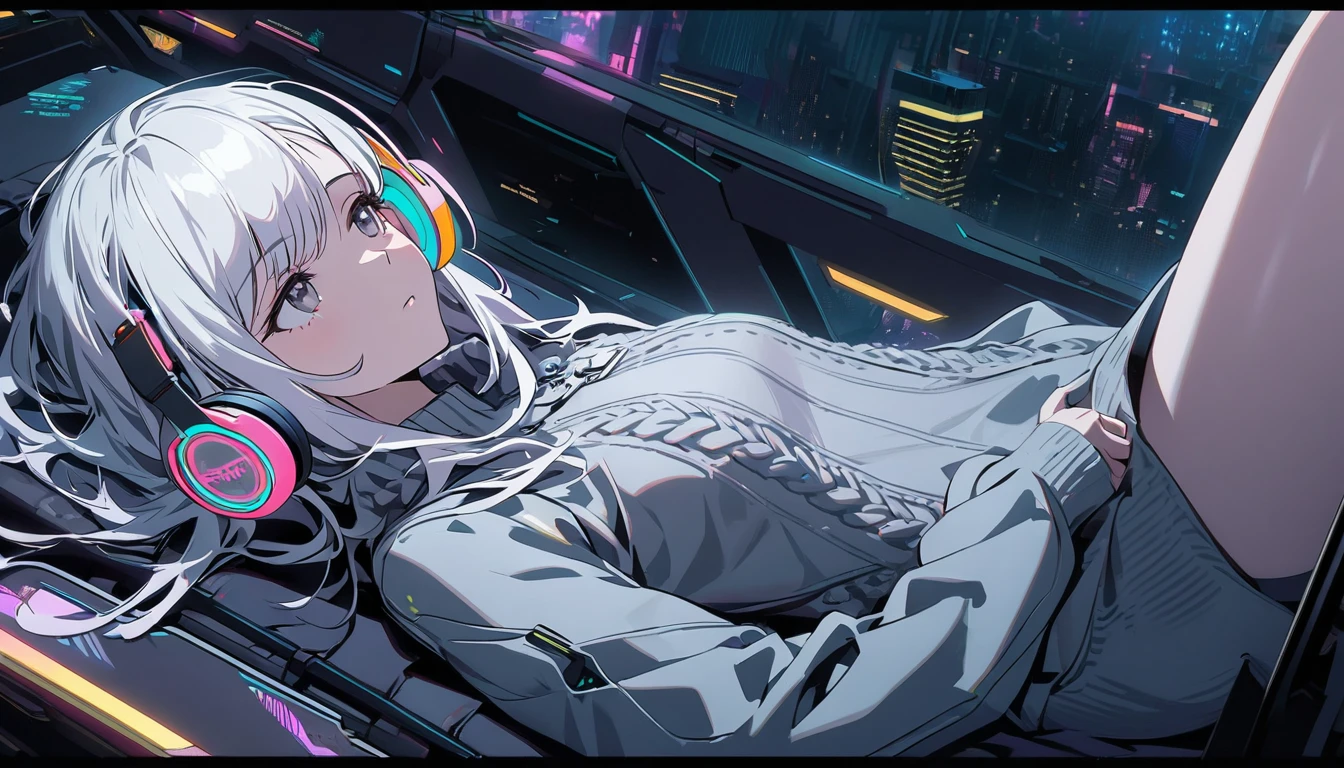 Handsome cute, Solitary, 1 female, Medium Length Hair, white hair, Rainbow hair, sleepy Eyes, Rainbow headphone, knit dress, Futuristic, Cyberpunk, Cybernetics panoramic, in the night, looking away, on back,