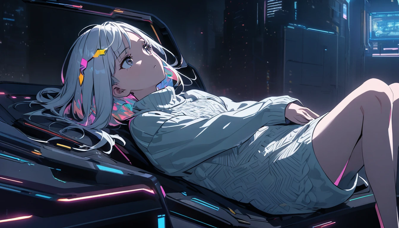 Handsome cute, Solitary, 1 female, Medium Length Hair, white hair, Rainbow hair, sleepy Eyes, Rainbow headphone, knit dress, Futuristic, Cyberpunk, Cybernetics panoramic, in the night, looking away, on back,