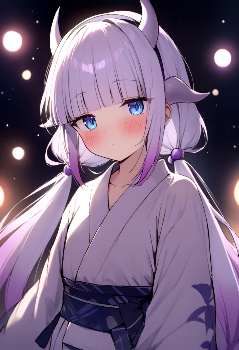 best quality, masterpiece, highres, solo, {yukata:1.40}, {kimono:1.20}, {kanna_kamui_kobayashisanchinomaidragon:1.15}, long_hair, light_purple_hair, blue_eyes, hair_ornament, bangs, blush, multicolored_hair, twintails, blunt_bangs, hair_beads, beads, hairband, gradient_hair, low_twintails, horns, dragon_horns, purple_hair