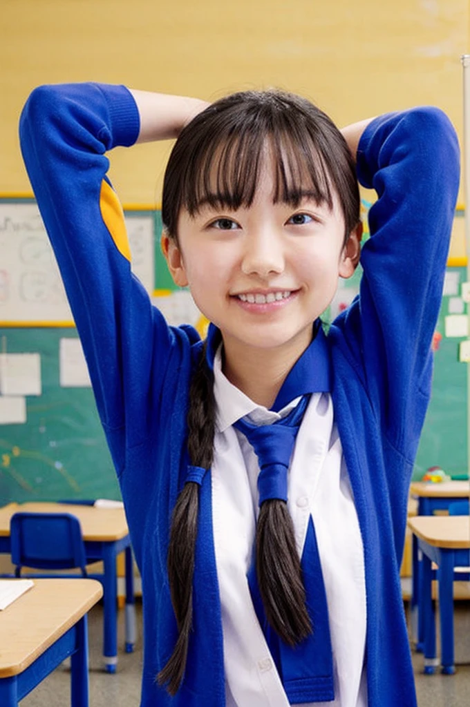 During class, primary school, upper body, (arms behind head:1.1)