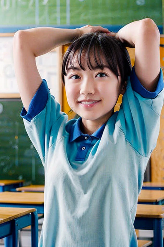 During class, , upper body, (arms behind head:1.1)