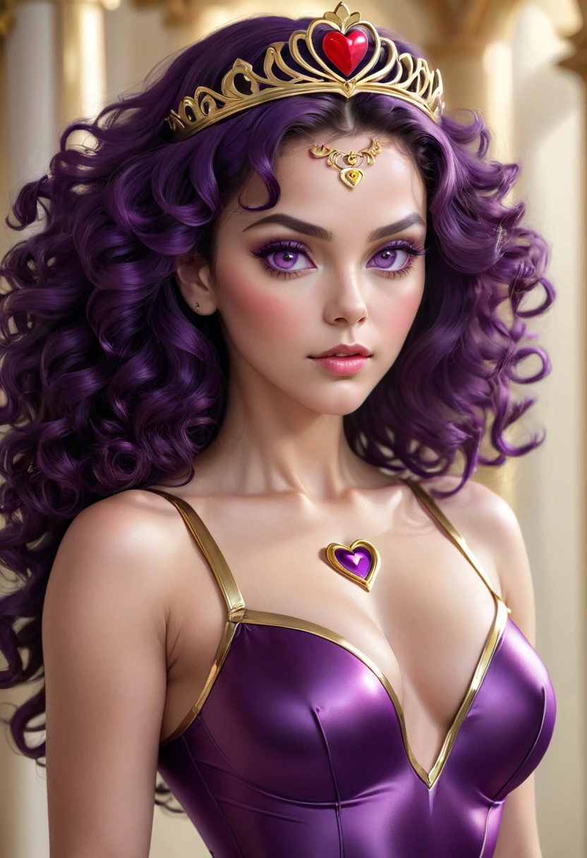(best quality,4k,8k,highres,masterpiece:1.2),ultra-detailed,(realistic,photorealistic,photo-realistic:1.37) A sexy beautiful female supervillian who is a demigoddess , purple eyes and dark purple curly hair. She wears a skin tight pink sleeveless leotard, with a loincloth with a heart shaped symbol , she has gold bracelets and a small gold heart shaped tiara on her forehead high resolution portrait photography by artgerm, in the style of realism, glistening skin,natural lighting, Defined full lips.  feminine body
