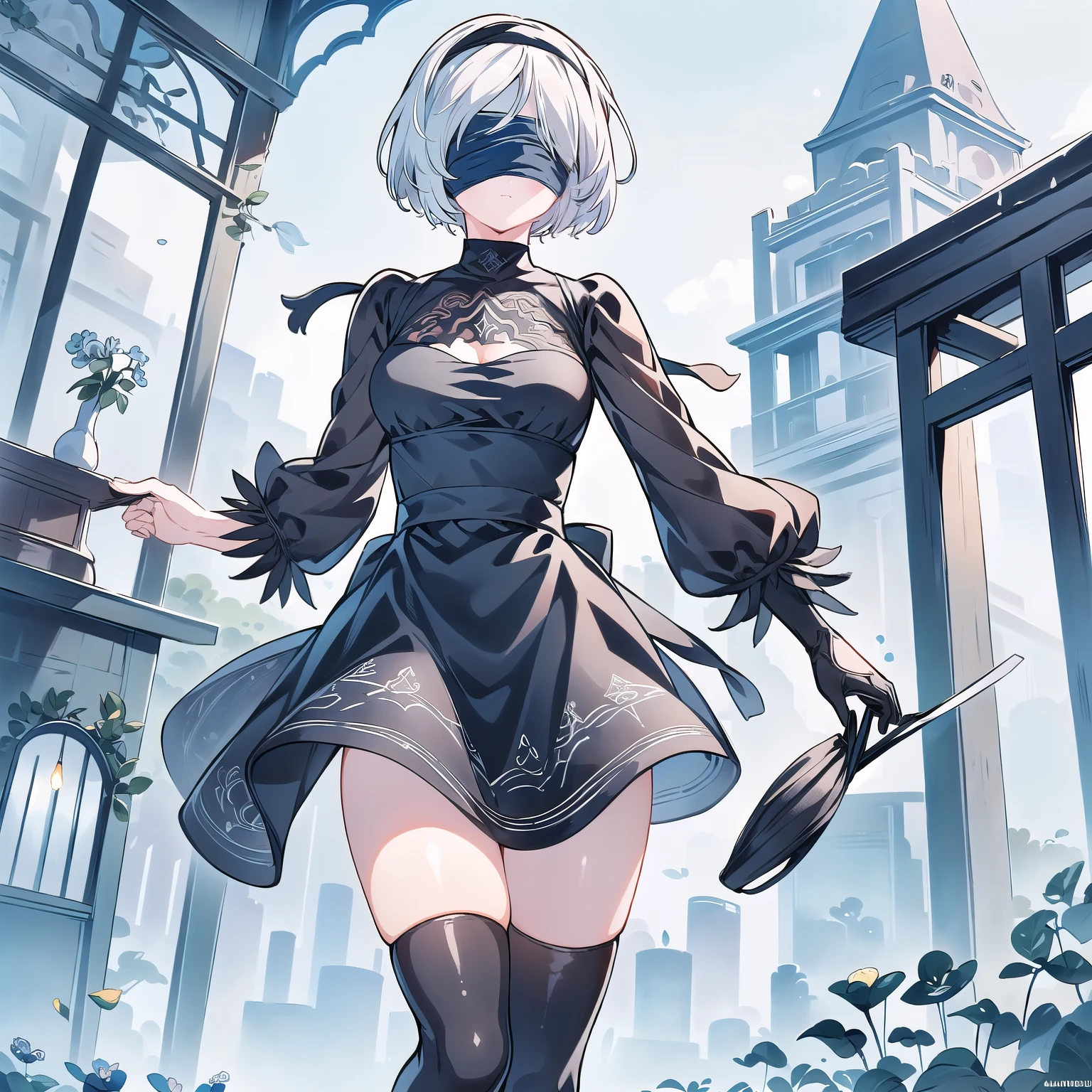 2b, 2b, (black Blindfolded:1.5), black Headband, Blindfolded, Headband, short hair, White hair, (Blindfold:1.7),
rest black skirt, black High Leg Raise, boots, Cleavage incision, Garment cutting, Headband, High heel, Long sleeve, , Side slits, skirt, thigh boots, High Leg Raise,
rest looking at viewer, whole body,
rest outdoors,
rest (masterpiece:1.2), best quality, high resolution, Unity 8K wallpaper, (illustration:0.8), (Beautiful and delicate eyes:1.6), Extremely detailed face, Perfect lighting, Extremely detailed CG, (Perfect hands, Perfect anatomical structure),