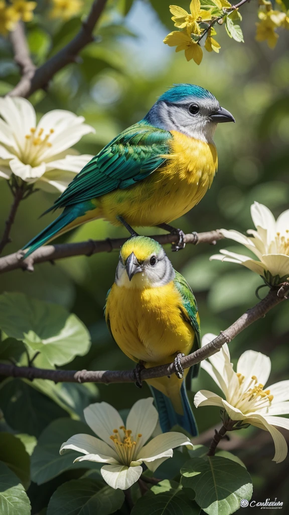 colorful bird sitting on a branch of a tree with yellow and green flowers colorful bird with a long, colorful birds, foto hd colorida, lindo e colorido, lindo colorido, pintura de um beija-flor, cheio de cores e detalhes ricos, painted in bright water colors, imagem colorida, cores vibrantes e realistas, rico colorido, Natureza bela, lindamente pintado, colorido 8k, pintura da natureza