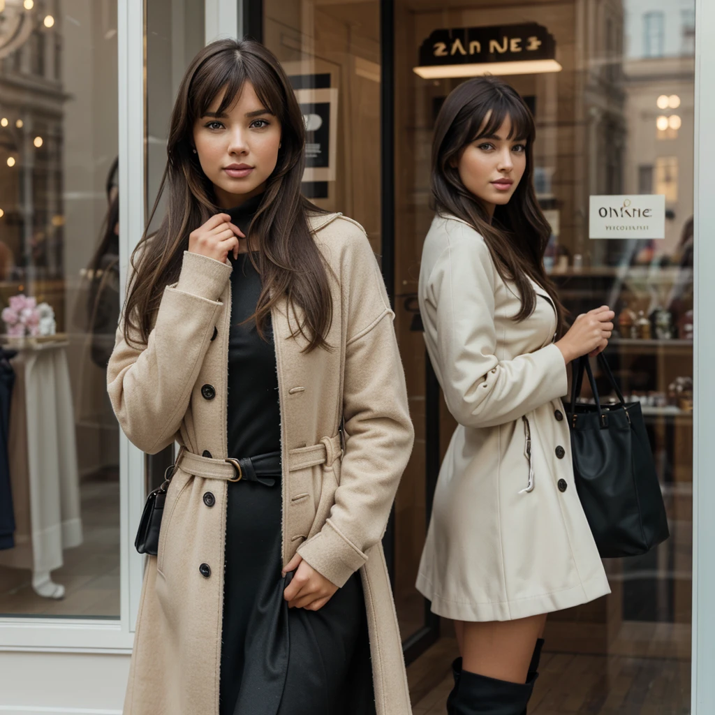 Adriana Lima, thick brown hair, chaude menue, Fille ukrainienne, Wavy brown hair, Dasha Taran, jolie belle brune, (solo one girl : 2.0), solo lovely smiling Bettie Page, strong daylight, sun shining, wintertime, very cold, raining,in front of boutique, (highest quality texture), boutique store front, display windows full of interesting items, film quality, completly dressed in high style leather fashion, maxy long wool coat large wool sweater, long maxy wool skirt, soft tight black gloves, tigh high boots,shoulder bag,she's in front of beautiful boutique ,soft accent candlelight in windows, gorgeous rembranndt like lighting, (Rembrandt patch), (highest quality window details), hip cool boutique in background, silky long dark hair, hair bangs to her eyes, every detail,Fine facial features, Masterpiece – Masterpiece ○○ quality – ○○ quality best quality(Highest Quality) ,Leica film, best, solo female, High quality (hiquality) etc ○○ detailed – ○○ details ultra detailed(Ultra-fine ), Photorealistic, Extremely detailed(Extremely detailed) , Finely detailed(Fine-grained), (highest detail skin texture peachfuzz earlobe realistic) etc ○○ res – ○○ resolution ultra high res(A high resolution) , very high texture res(light resolution), Realistic – Realistic Photorealistic – photorealistic beautiful – beautiful 4k , 8K, artsy shop front, close and intimate,