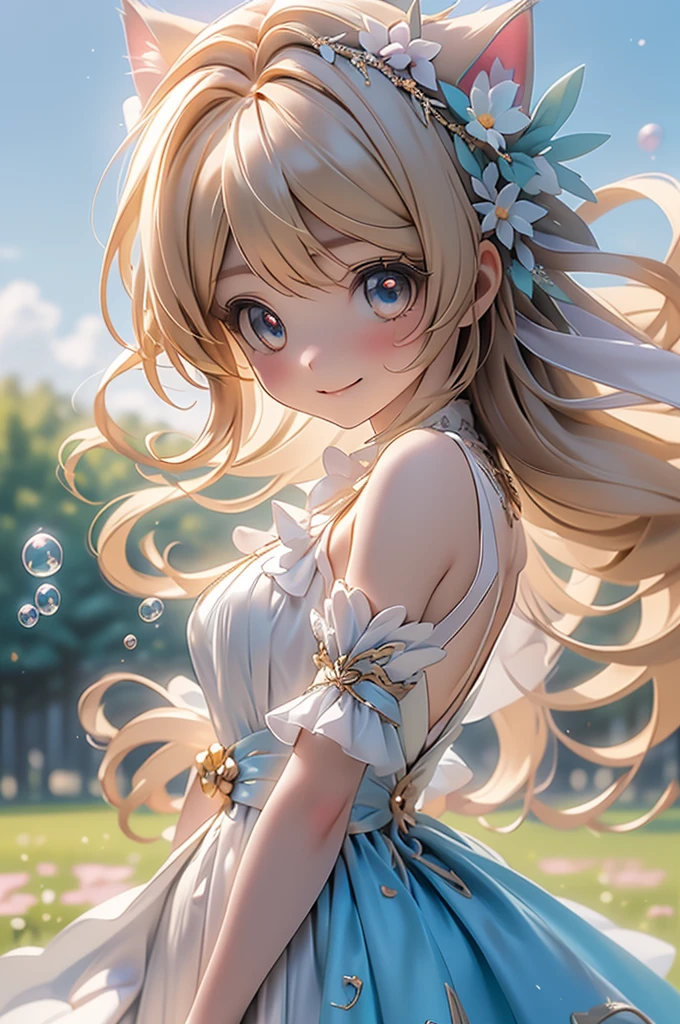 (Highest quality))、((masterpiece))、(detailed)、((soro girl)),masterpiece,best quality, high quality,ulutra detailed,Perfect Face、Daytime、Flower field background、((A voluminous flower crown))、Place both hands on head、((tall、woman、20th Generation、Cat ear、Sparkling Eyes、Blonde long hair)、、((high slit dress)）、looking at viewer、good weather、smile、Many soap bubbles float、The wind is blowing、Petals fluttering、
