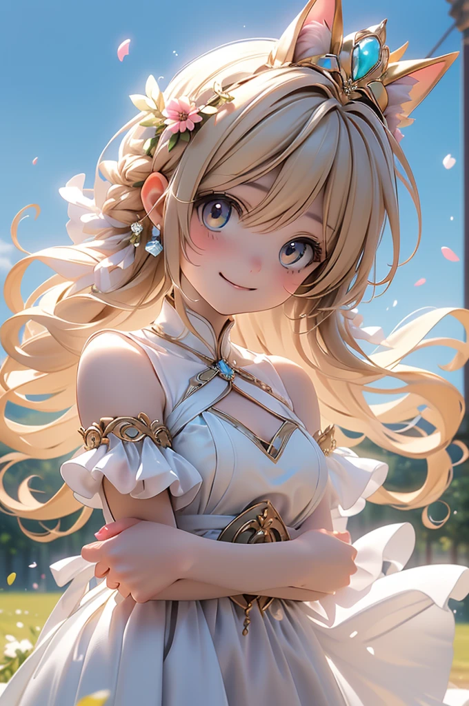 (Highest quality))、((masterpiece))、(detailed)、((soro girl)),masterpiece,best quality, high quality,ulutra detailed,Perfect Face、Daytime、Flower field background、((A voluminous flower crown))、Place both hands on head、((tall、woman、20th Generation、Cat ear、Sparkling Eyes、Blonde long hair)、、((high slit dress))、looking at viewer、good weather、smile、Many soap bubbles float、The wind is blowing、Petals fluttering、