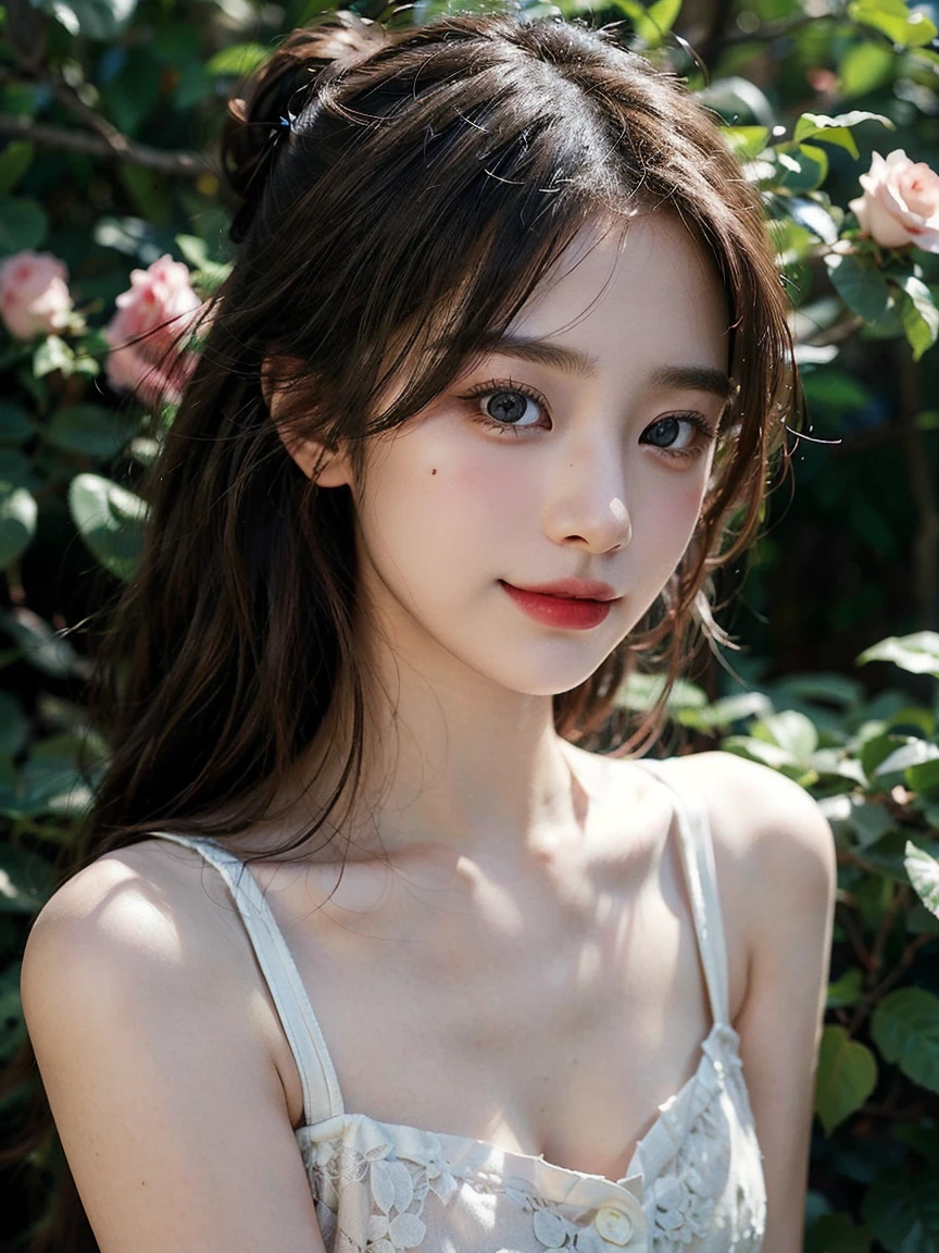 1girl, (looking at viewer:1.2), detail face, (a girl standing, rending on cgsociety, Rose bush backdrop), romanticism, atmospheric, (RAW photo, best quality), (realistic, photo-realistic:1.3), masterpiece, an extremely delicate and beautiful, extremely detailed, D cup，Cleavage，Translucent brown tube top 1.5）Hair in a bun，Small and delicate earrings，Exquisite eye details，Shy smile 1.5