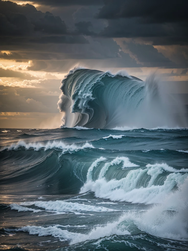 Stormy sea, strong waves, dramatic lighting