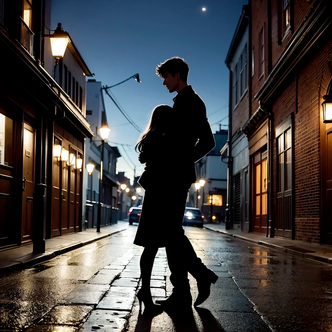Silent streets late night City lights Steps echo heartbeat sync tight Whispered breeze feels alright Moon so bright guides my way Stars above night turns to day, Shadow, silhouette, dark background, fantastic