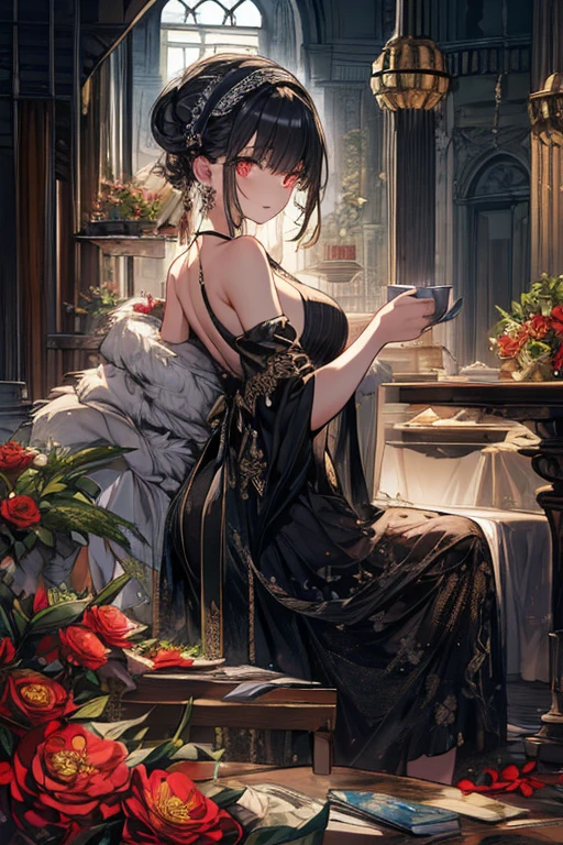 (((Masterpiece))),(((Super Detail))),(((in 8K))),(((best composition))),(((Rim lighting,Fireglow effect,deep shadow))),solo),Beautiful fingers,Detailed finger features,(Detailed hair features:1.7),(Dynamic and sexy bending pose:1.3),detailed facial features,detailed clothes features, (perky chest:1.1), (pointed chest:1.3), delicate beautiful face, Bright blue eyes, cute eyes, sparkling eyes, Big eyes, beautiful detailed eyes,double bun with glittering hair ornament:0.6,(super detailed glossy skin:1.3),slender body,goddess smile,((with sparkling eyes and a contagious smile)),beautiful posture,have a cup of coffee,black hair, red eyes, dress, bare shoulders, jewelry, collarbone, sidelocks, hairband, earrings, indoors, off shoulder, sweater, arms behind back, plant, short hair with long locks, white hairband, off-shoulder dress, sweater dress, off-shoulder sweater, red sweater, big side hair, very long side hair,(super delicate floral pattern:1.2),seductive cleavage:1.3,beautiful glossy legs,shiny red high heels,lifting dishes with cakesd,french restaurant,hustle and bustle,rising steam,(((depth of fields)))