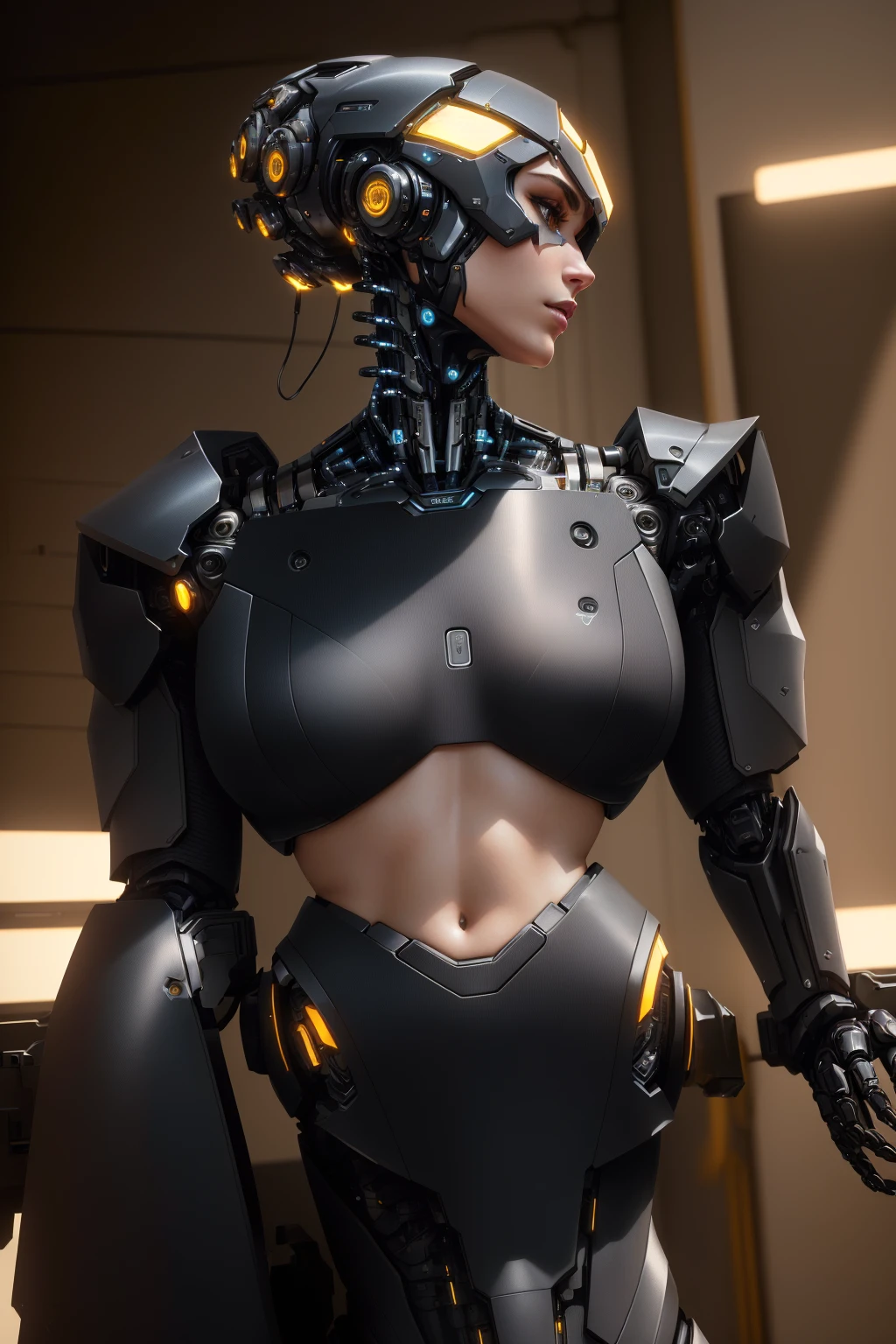 In this photorealistic masterpiece, a stunning arafed woman strikes a pose in a futuristic setting. She wears an ultra-detailed cyberpunk outfit that showcases her mechanized internals. Her head and abdominal areas gleam with metallic precision, as if the camera has zoomed in on a cyborg fashion model. The gynoid cyborg body, with its ultra-fine details, appears as a humanoid robot from Ex Machina. The robotic torso shines like polished metal, blending seamlessly into the futuristic backdrop. As a movie still of a cool cyborg, this image is an 8K wallpaper come to life.