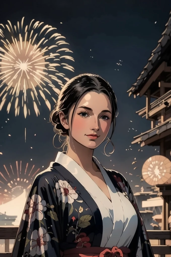 masterpiece, best quality, ukiyo-e:1.2, in hokusai style, a beautiful 20s french model, ultra detailed face