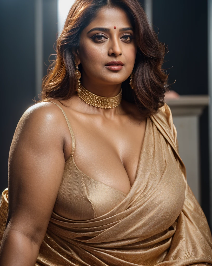 50yo mature MILF Anushka Shetty,((best quality)), ((masterpiece)), ((realistic)), eye kajal, eye liner, mascara, light red lips, curvy hot mommy figure, sensual Beauty, provoking body, extreme sweat, sweat soaked skin, slight stretch marks, alluring figure,  bulging figure, thick charming lady, curvy, thick navel, full figured woman, eye kajal, massive breast, full body, styled hair, pierced eyes, female face,royal aura, trend on artstation , sharp focus, studio photo, intricate detail, very detailed, detailed eye, illustration, very detailed, sharp focus, digital render, professional, 4k