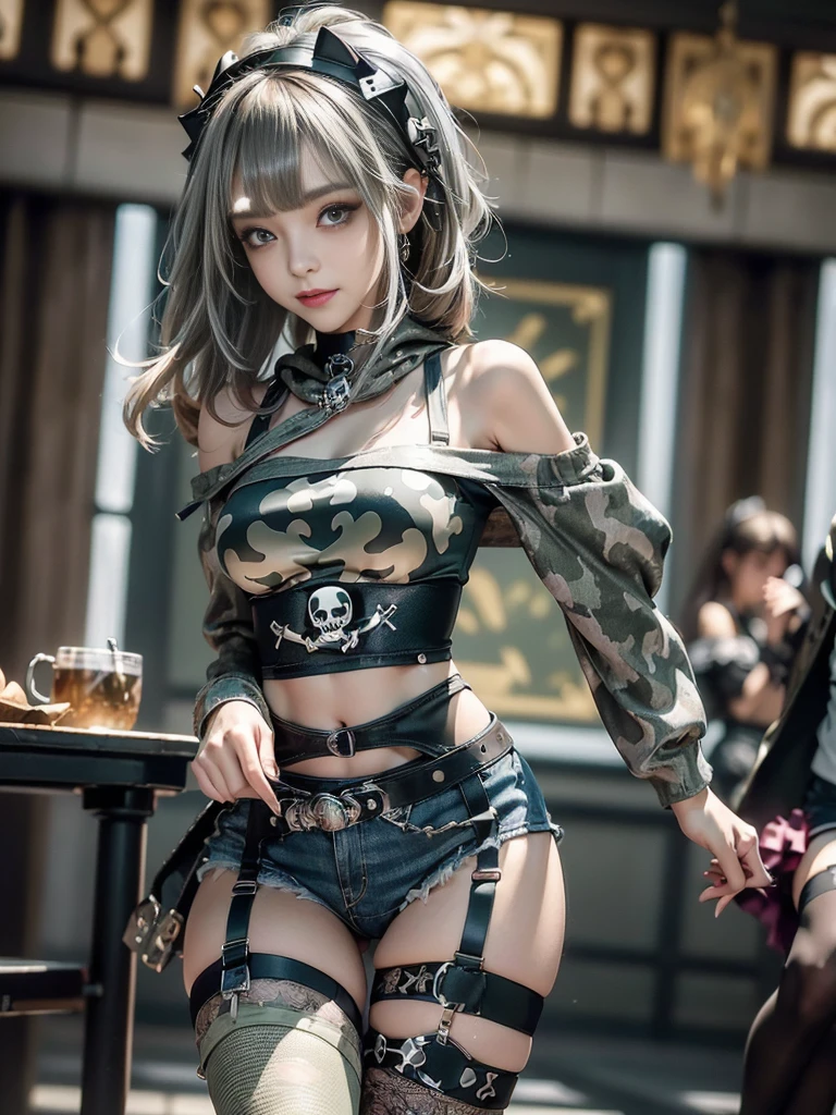 (Beautiful skin, lips and nose:1.4)、(Smiling with teeth showing:1.3),(Fashion Model:1.5)、(Gothic Lolita delicately decorated battle uniform:1.5)、(Moss green off-shoulder hoodie:1.5)、(Black, silver and white shorts:1.4)、(denim garter belt:1.5)、(Black and camouflage knee socks:1.3)、(Skull Silver Accessories:1.5)、(Lace collar:1.3)、(Brown Skin Belt:1.4)、(Brown boots:1.2)、(Underwear has polka dots:1.4)、23 years old、((Highest quality、In 8K、masterpiece:1.3))、Sharp focus:1.2、(Layered Cut、Huge boobs:1.1),Beautiful woman with perfect figure:1.4、(Dancing vigorously:1.3)、Slender Abs:1.2、Highly detailed face and skin texture、Detailed eyes、double eyelid,(Bob Hair:1.3)、(Brown-golden hair:1.3)、Gravure idol、(The background is a luxurious dance hall.:1.3)、(Slim body:1.2),(Make your legs thinner:1.4),(clavicle:1.1)