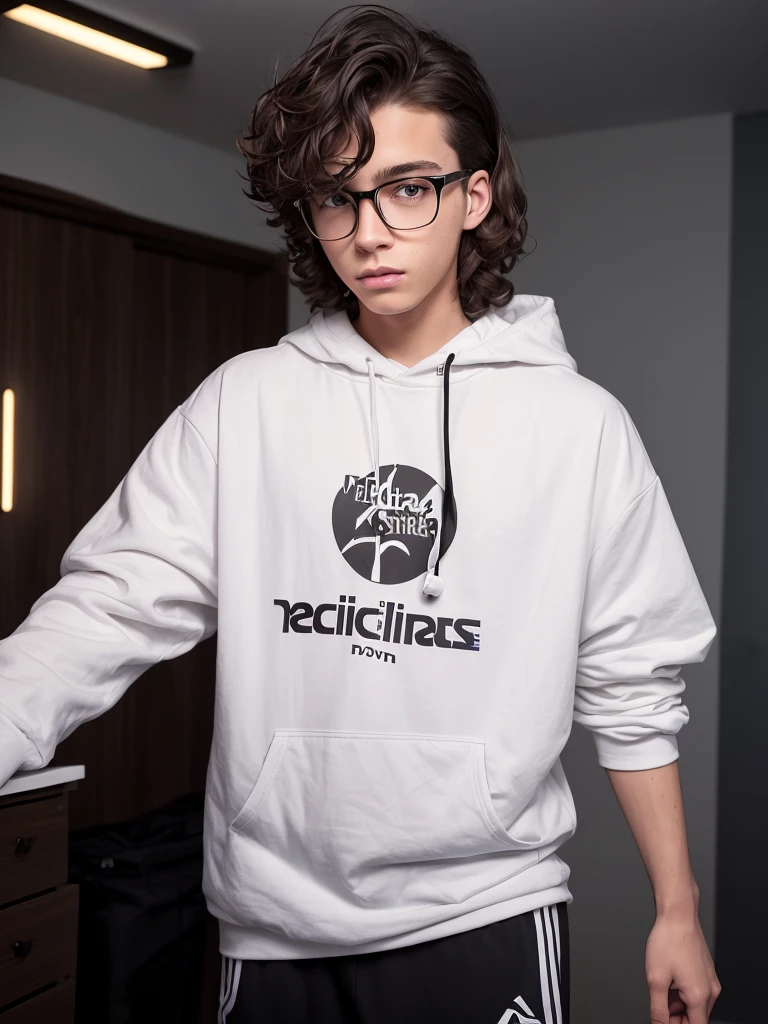 Prompt: 18 year old Caucasian boy with brown eyes, brown curly long hair and glasses. wearing long black and white hooded t-shirt, black athletic pants. he is in his bedroom playing Xbox and wearing a headset. he has a birthday balloon and gifts nearby