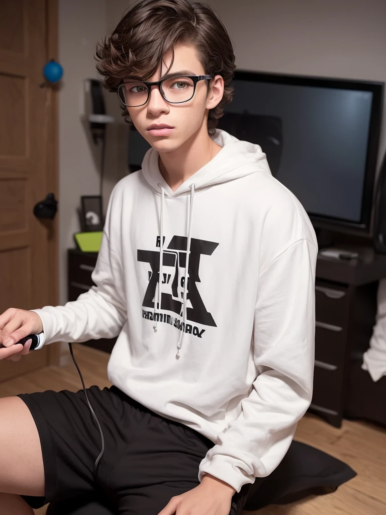 
Prompt: 18 year old Caucasian boy with brown eyes, brown curly long hair and glasses.  wearing long black and white hooded t-shirt, black athletic pants.  he is in his bedroom playing Xbox and wearing a headset.  he has a birthday balloon and gifts nearby