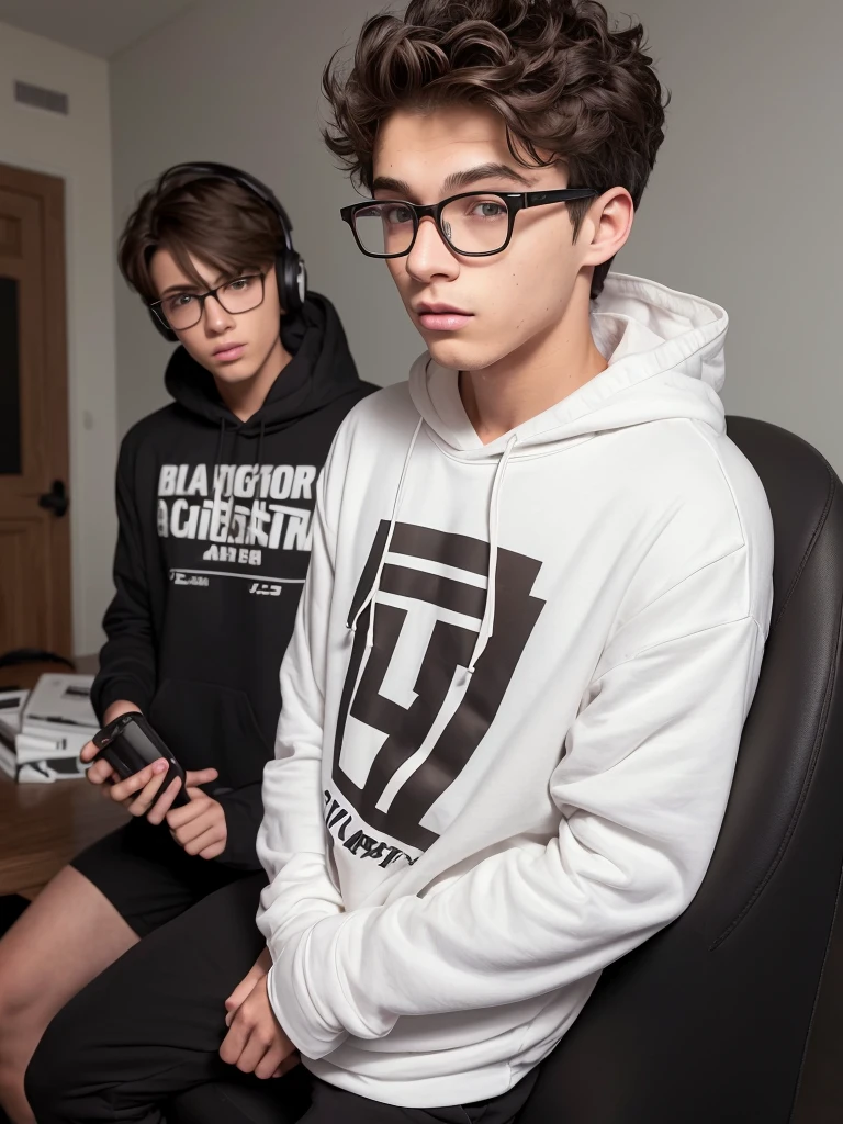 Prompt: 18 year old Caucasian boy with brown eyes, brown curly long hair and glasses. wearing long black and white hooded t-shirt, black athletic pants. he is in his bedroom playing Xbox and wearing a headset. he has a birthday balloon and gifts nearby