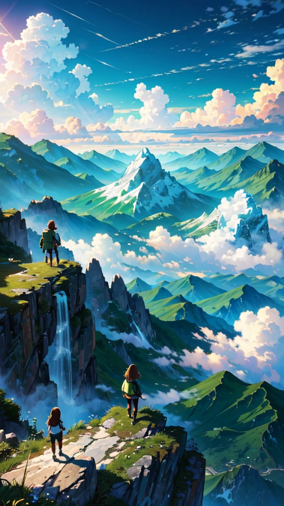 masterpiece, Highest quality, {Highest quality}, {{masterpiece}}, {High resolution},Mountain climbing, young girls,Green mountains, blue sky and sun, cumulonimbus clouds,