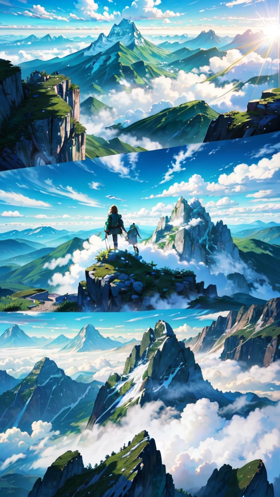 masterpiece, Highest quality, {Highest quality}, {{masterpiece}}, {High resolution},Mountain climbing, young girls,Green mountains, blue sky and sun, cumulonimbus clouds,