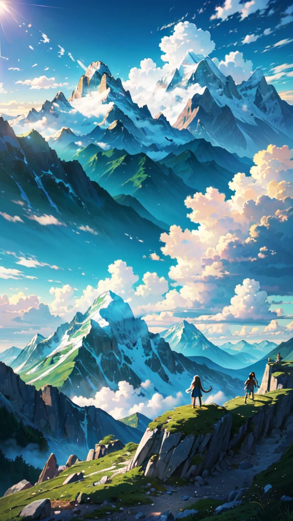 masterpiece, Highest quality, {Highest quality}, {{masterpiece}}, {High resolution},Mountain climbing, young girls，Green mountains, blue sky and sun, cumulonimbus clouds,