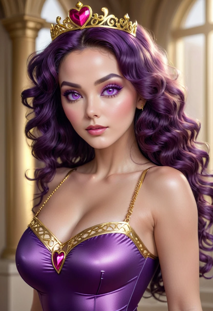 (best quality,4k,8k,highres,masterpiece:1.2),ultra-detailed,(realistic,photorealistic,photo-realistic:1.37) A sexy beautiful female supervillian who is a demigoddess , purple eyes and dark purple curly hair. She wears a skin tight pink sleeveless leotard, with a loincloth with a heart shaped symbol , she has gold bracelets and a small gold heart shaped tiara on her forehead high resolution portrait photography by artgerm, in the style of realism, glistening skin,natural lighting, Defined full lips. feminine body 