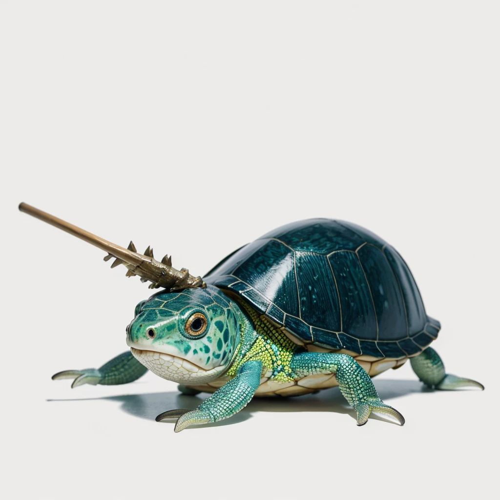 Broom head fish mixed with lizard head, (has horns), Small Animaly, has blue stripes on his skin, white eyes, turtle mixed with spider, Grassroots, no background