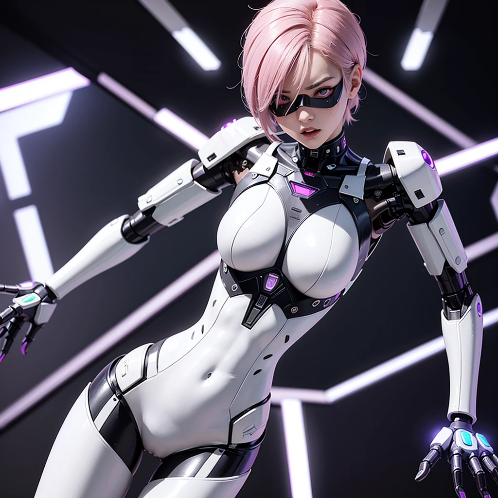 a girl with a full white cyborg body, featuring sleek and high-tech components. She has short pink hair, purple eyes, and an angry expression. She is wearing a robot mask that partially obscures her face, with her polished mechanical limbs and torso emphasizing her intense emotions.