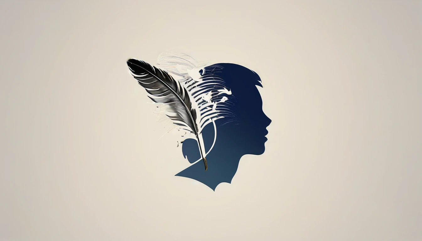 Create a modern, minimalistic logo design for a brand about music and dreams called " Penamemoria" . The logo must be in minimalistic style and convey a sense of storytelling, music and dreams. The logo of a special, unique, memorable, captivating feather. Half of the feather is the face of a boy guitarrist, and the other half is a feather of memories