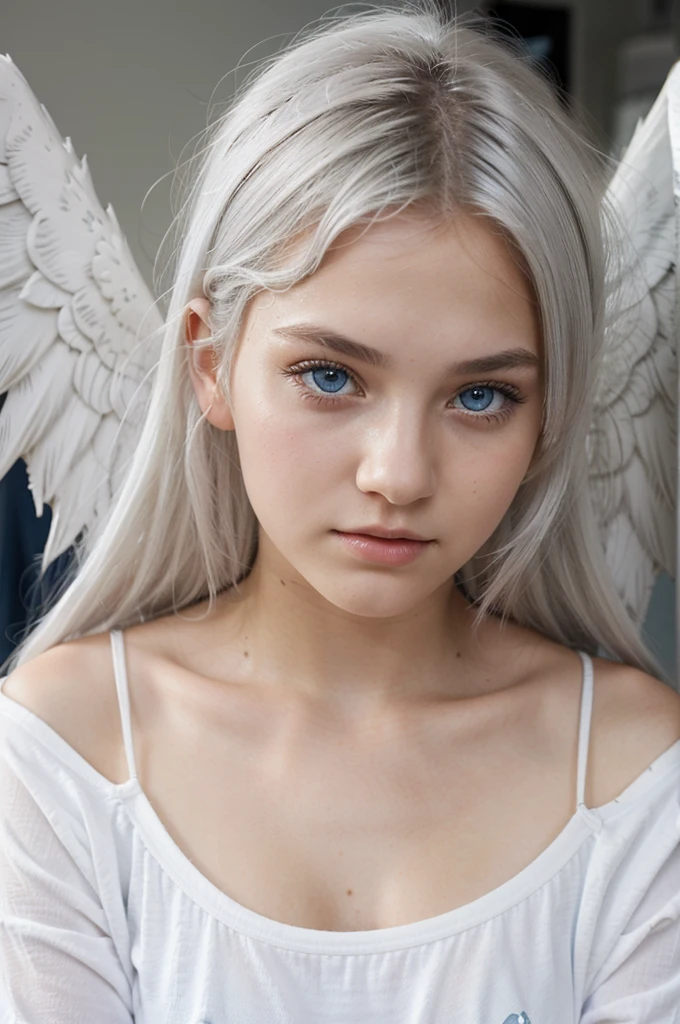 photo of 16yo girl, beautiful face, white hair, white eyelashes, blue eyes, angel wings, simple clothes. 